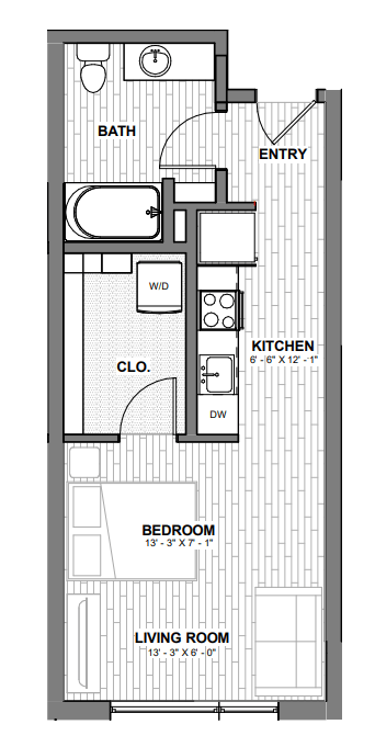 Floor plan for studio, 1 bath, 406 sqft